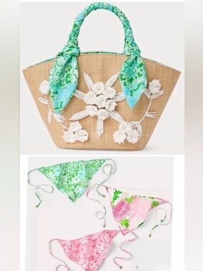 🎉WEEKEND SALE🎉Lilly Pulitzer Straw Bag & 3 Head Scarves,Burst of Joy” collection